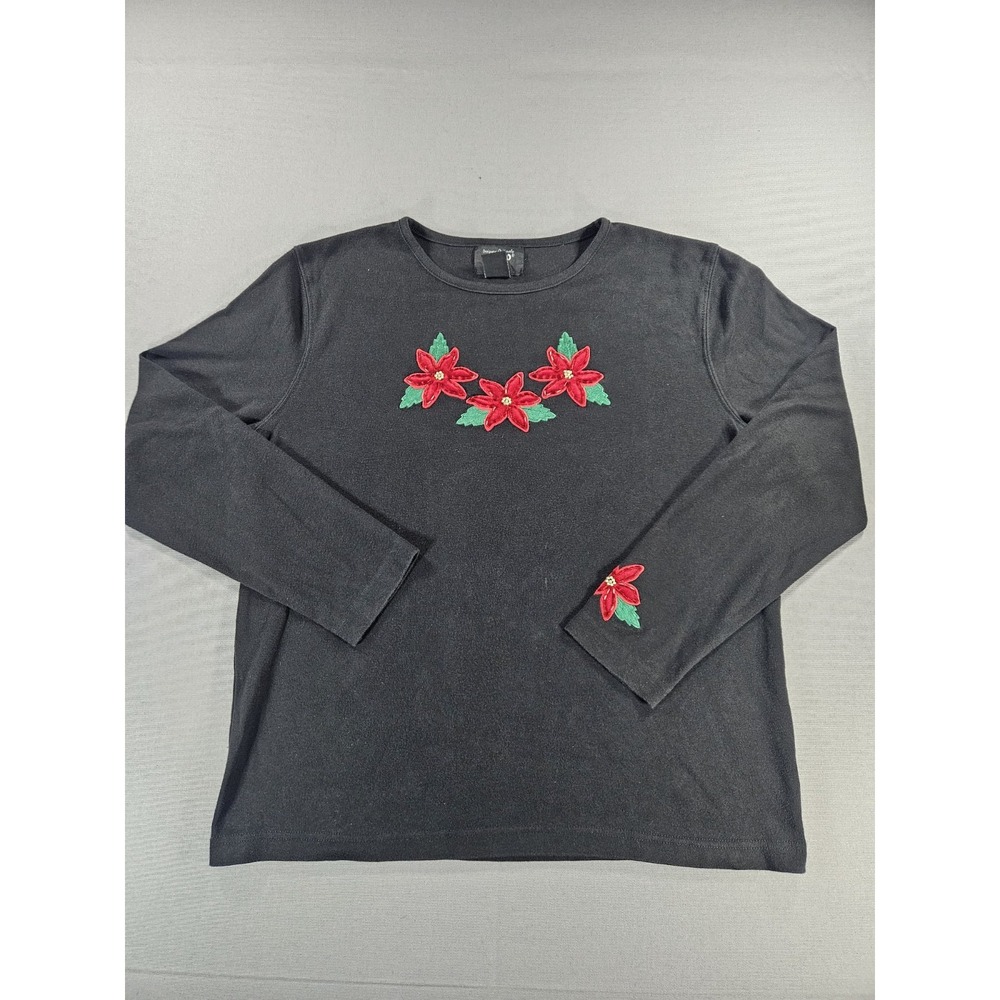Designers Originals Studio Christmas Shirt Black Poinsettia Applique Womens L